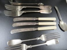 A pair of Georgian hallmarked silver sugar tongs together with silver plated flatware