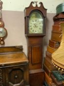 An antique oak and mahogany longcase clock with painted face - two weights and pendulum H 210 cm