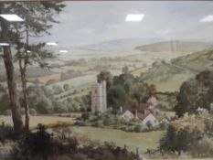 A Sidney Perrin watercolor of a country landscape with church in the background