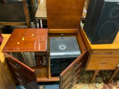 A yewood cabinet with a Sony Hi-Fi and speakers together with assorted classical vinyl and CD’s