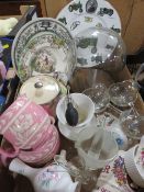 A tray of ceramics and glass, to include a glass dome and base, Babycham glasses, Wedgwood, Royal