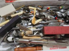 A tray of flatware etc to include a hallmarked silver napkin ring