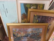 A framed alpine oil on canvas together with a map & two prints (4)