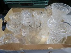 Five trays of assorted glassware to include vases and bowls