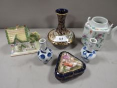 A collection of small ceramics to include a gilded Japanese vase decorated with a beach harbour