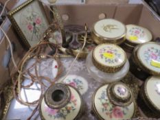 A tray of vintage Petit Point dressing table items to include candlesticks, dressing table tray,