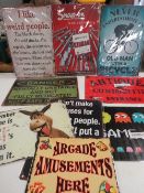 A selection of assorted vintage style metal signs to include Snap- On Tools, Pacman etc.,