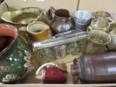 A tray of sundries to include jugs and tankards
