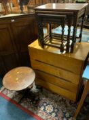 A oak pedestal table together with an oak nest of tables and a ply chest. (3)