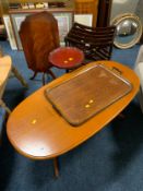 A modern oval table together with an oak tray, two small mahogany tables and a canterbury (5)