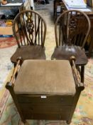 An Edwardian mahogany piano stool together with two wheel back chairs. (3)