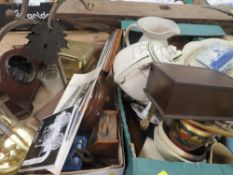 Two trays of sundries to include clocks, metal ware and ceramics