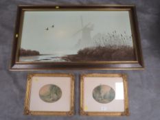 A pair of gilt framed oval prints together with a Coulson windmill print (3)