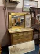 A modern gilt rectangular mirror together with an Eastern silkwork panel, harbour engraving,