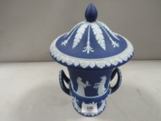 A Wedgwood blue dip lidded twin handled Campana urn