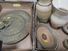 A tray of Studio ceramics together with a tray of Oriental style ceramics and a tray of metal