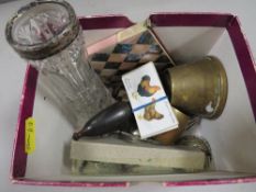 A small box of collectables to include, trench art and silver rimmed vase