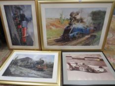 Three framed locomotive prints to include Phillip Hawkins, together with a motor racing print (4)