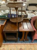 A vintage oak barleytwist side table together with an oak trolley and a small oak trestle type