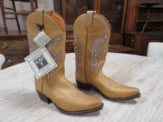 A pair of FRYE hand crafted cowboy boots, light coloured leather with pink rhinestone embellishment,