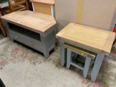 A modern media cabinet together with a two small occasional tables. (3)