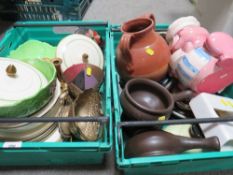 Two trays of sundries and ceramics to include a Carlton ware lobster bowl