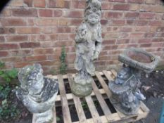 Three concrete garden statues to include a bust and a birdbath