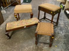 An oak joint type stool together with a walnut stool and two further stools. (4)