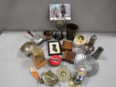 A box of collectables, to include horn beaker and Snoopy bike bell