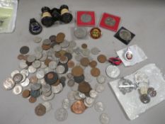 A box of collectables to include antique coinage, medals, binoculars etc