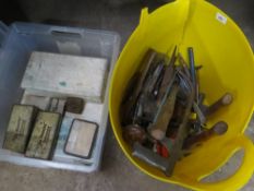 Two plastic tubs of assorted tools to include hammers, chisels, drill bits etc