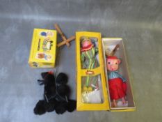 THREE PELHAM PUPPETS, rare boxed 'Perky The Pig', boxed clown and boxed black poodle, with FOUR