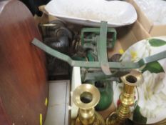 A tray of sundries to include a vintage set of scales