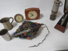 A tray of collectables to include miners lamp. metronome, clock etc