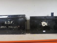 Two vintage metal deed boxes