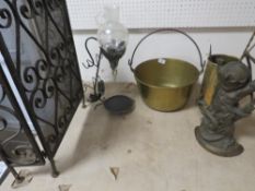A small selection of metal ware to include a brass jam pan