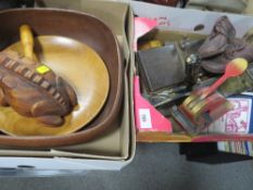 A tray of collectables to include a vintage pair of shoes, paper stamps to include one for