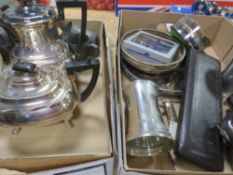 Two trays of assorted metal ware to include pewter tankards