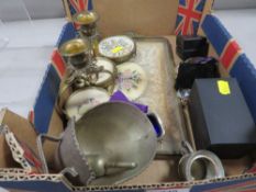 A tray of assorted collectables to include Petite Point candlesticks, wristwatch etc