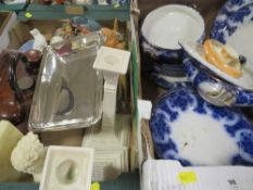 Two trays of ceramics to include Leedsware candlesticks, treen desk stand etc