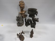 A tray of metal items to include Oriental pieces and a bust of Queen Elizabeth II
