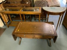 A modern glass topped console table together with a Demi-lune table and a dropleaf coffee table. (3)
