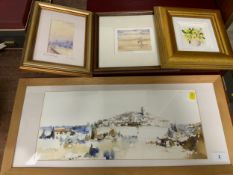 A French framed town scene together with three small signed pictures. (4)