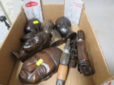 Four East African tribal hardwood busts, two carved figures and two hardwood tribal masks