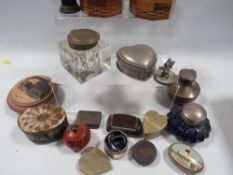 A tray of assorted collectables to include a hallmarked silver inkwell, miniature trophy etc