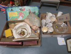 Two trays of ceramics & collectables to include royal memorabilia, vintage football cards, boxed