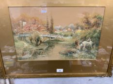 A framed M Jackson watercolour together with a smaller watercolour depicting cattle and children. (