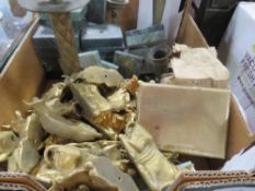 A tray of assorted cast metal seated cattle and marble style plinths etc
