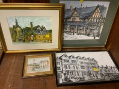Four framed local Stafford pictures to include the Ancient Highhouse, Dale Shop, the Royal brine