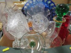 A tray of assorted glassware to include decanters